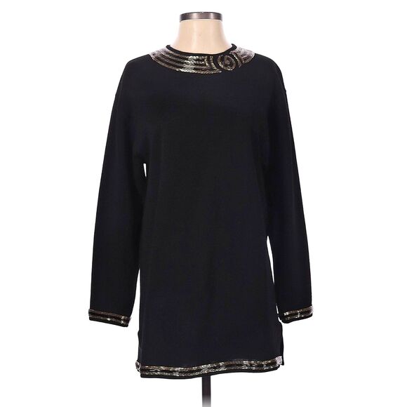 Vintage 80s Harve Benard Wool Sweater Dress Double Knit Beaded Rose Size S - Picture 3 of 15